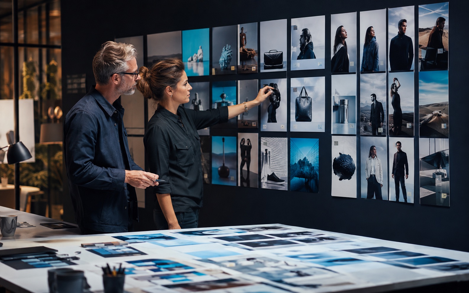 Senior creative strategists reviewing modular campaign concepts across square and vertical formats