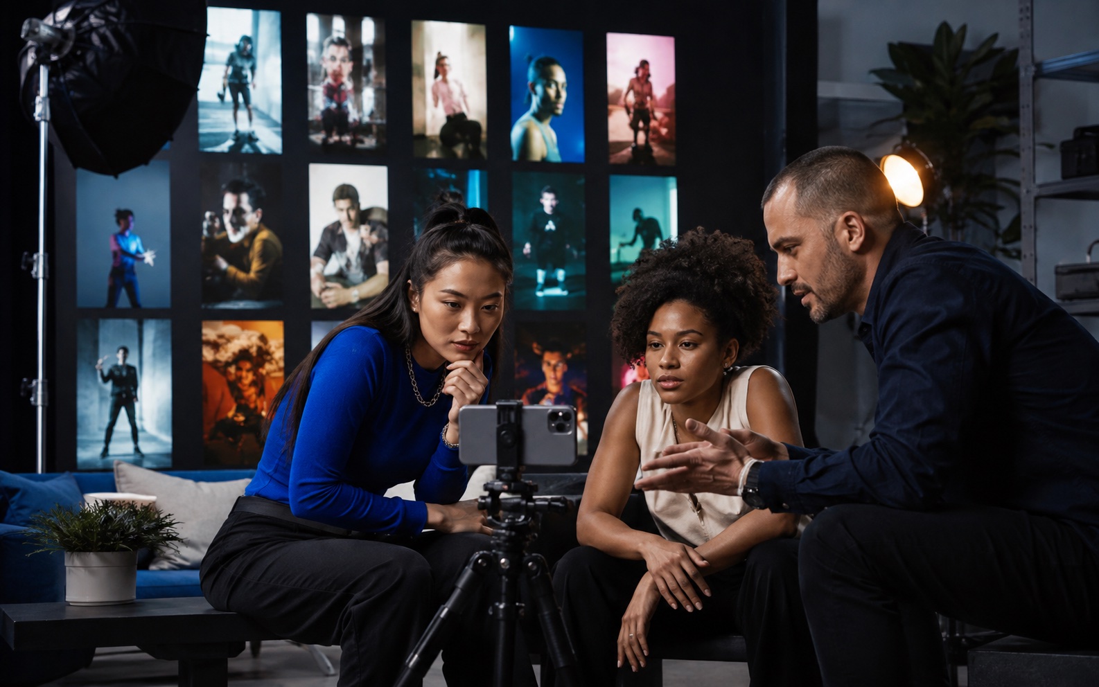 Creative team reviewing vertical video concepts in a disciplined production and testing studio