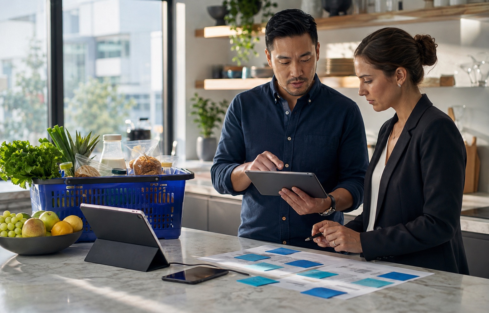 Commerce specialists evaluating grocery basket behavior, product availability and category demand