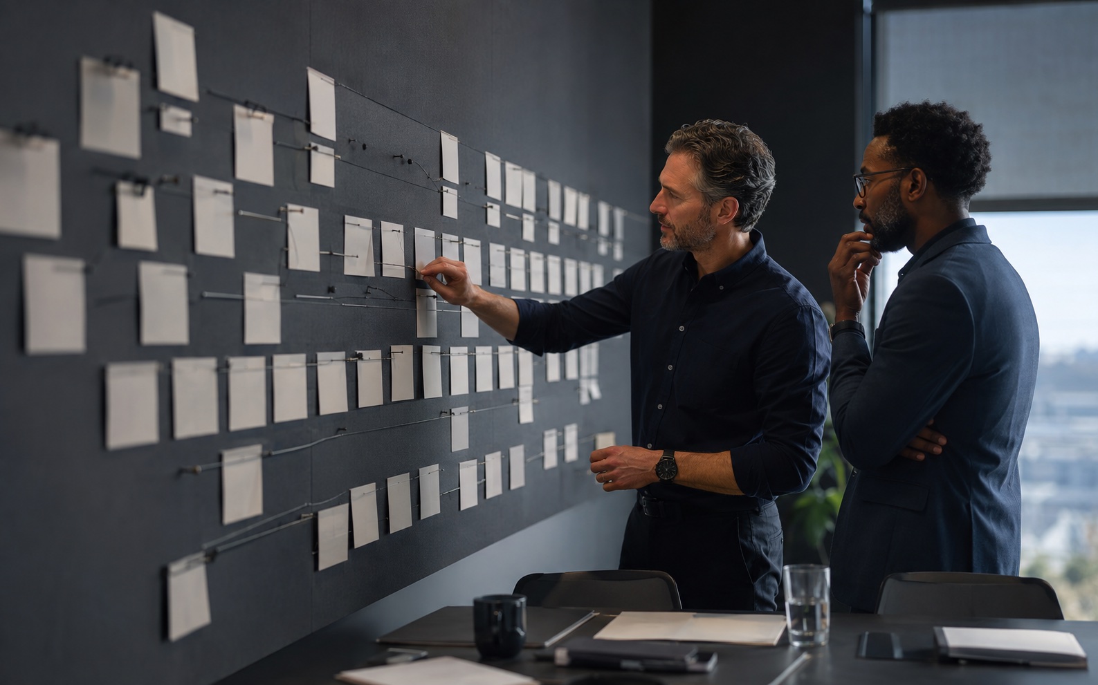 Two strategists mapping a detailed chain of buyer questions across an enterprise purchase journey