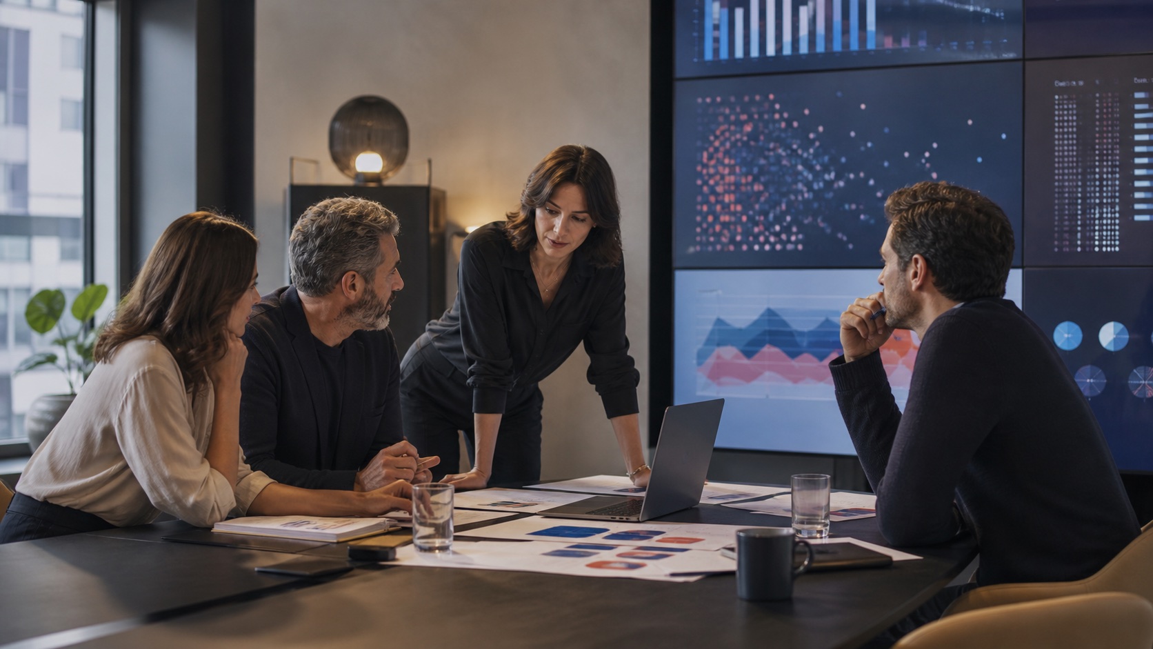 Senior growth team evaluating paid demand and campaign performance in a modern strategy room